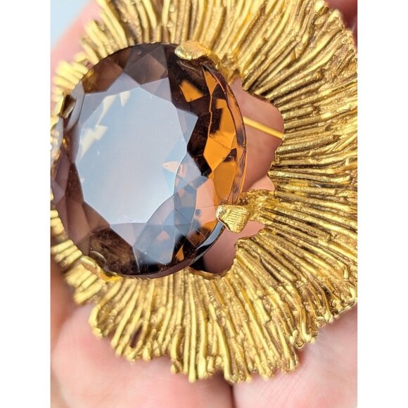 Vintage Amber Sunflower Statement Brooch Large 2.5" Gold Tone Pin w/ Amber Glass - Picture 7 of 7